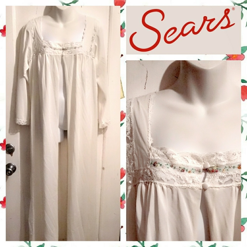 VTG 70s Sears White Nylon/Lace Pegnoir/Robe Sz L